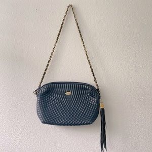 Vintage Navy Quilted Leather Gold Chain Strap Tassel Shoulder handbag crossbody